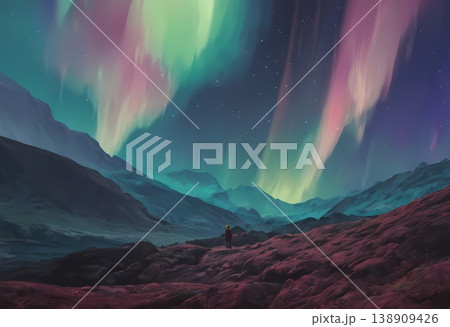 降り注ぐオーロラの光に包まれて。宇宙の神秘と静寂に溶け込む幻想風景 138909426