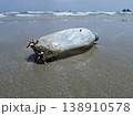 Ocean's Unwanted Guest: A weathered plastic bottle lies stranded on the sandy shore, a stark reminder of environmental pollution and the urgent need for conservation. 138910578