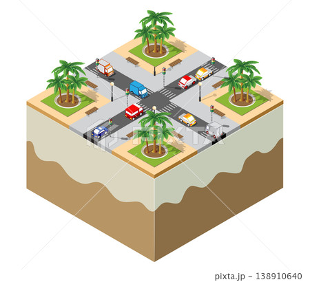 Vehicles driving on crossroad in tropical city with palm trees isometric illustration Vehicles driving on crossroad in tropical city with palm trees isometric illustration 138910640