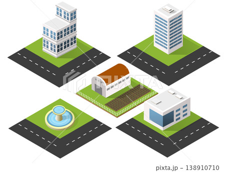 Set of isometric buildings including offices, farm and a fountain Set of isometric buildings including offices, farm and a fountain 138910710