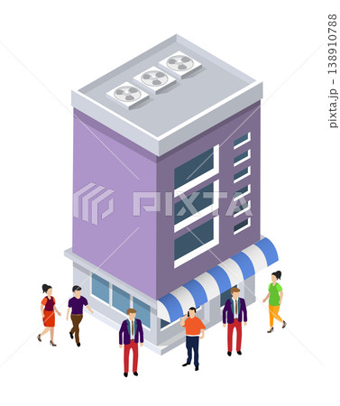 People walking near small business building with awning isometric illustration People walking near small business building with awning isometric illustration 138910788