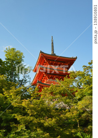 新緑に囲まれてそびえる朱塗りの三重塔と青空 138910801