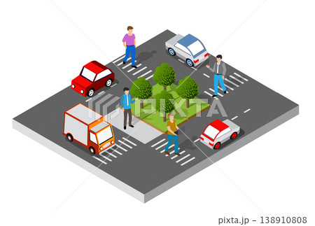 People walking and cars driving on crossroad in isometric view 138910808