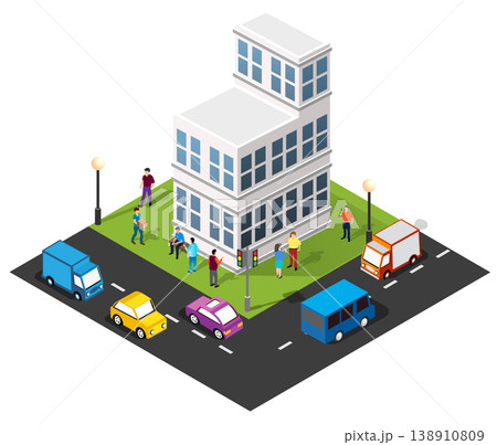 People communicating around modern building with cars driving by on street People communicating around modern building with cars driving by on street 138910809