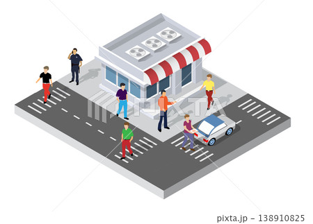 People walking on crosswalk near store and policeman talking on phone 138910825