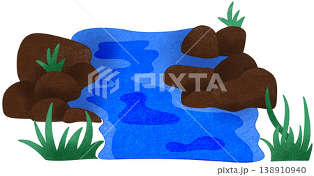 blue stream surrounded by rocks and grass 138910940