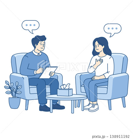 Male psychiatrist taking notes while listening to a concerned woman patient during a psychotherapy session in a clinic. Flat vector illustration Male psychiatrist taking notes while listening to a concerned woman patient during a psychotherapy session in a clinic. Flat vector illustration 138911192