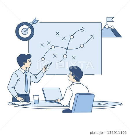Businessman pointing at a project strategy map on a whiteboard while explaining a plan to a male colleague in an office. Flat vector illustration 138911193