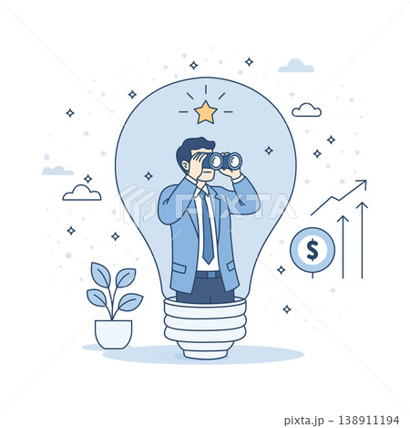 Creative businessman looking for business opportunity through binoculars. Vision to discover new solutions. Idea and curiosity concept for success. Lightbulb inspiration and strategic searching Creative businessman looking for business opportunity through binoculars. Vision to discover new solutions. Idea and curiosity concept for success. Lightbulb inspiration and strategic searching 138911194