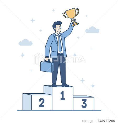 Businessman winner champion standing on first place of podium pedestal and holding gold trophy cup. Business success, leadership achievement and career goal concept. Flat line vector illustration Businessman winner champion standing on first place of podium pedestal and holding gold trophy cup. Business success, leadership achievement and career goal concept. Flat line vector illustration 138911200