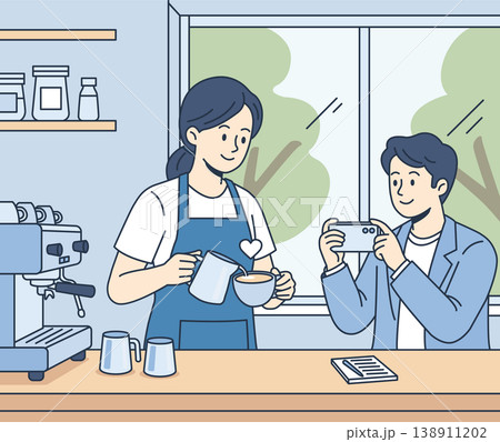 Young woman barista serving coffee to male client in coffee shop. Customer recording video or taking picture of latte art. Social media influencer and food blogging concept. Flat vector illustration 138911202