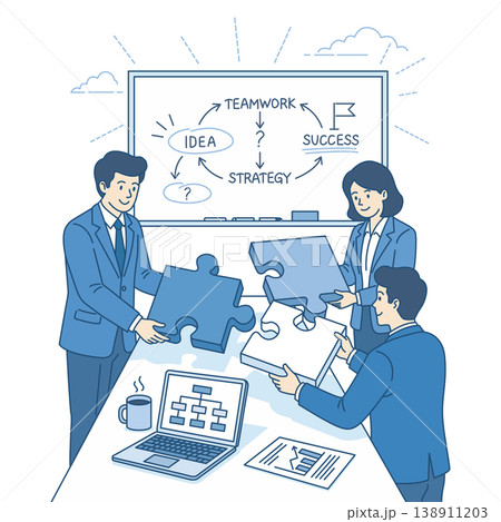 Colleagues working together to find business solution. Teaam people holding big puzzle pieces. Brainstorming session with strategy flowchart on whiteboard and data on laptop. Flat line vector style 138911203