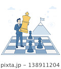 Business strategy and leadership concept. Businessman holding big golden king chess piece on chessboard. Planning tactics, competition and achievement to reach mountain top target. Flat line vector 138911204