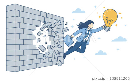 Businesswoman breaking through brick wall and holding glowing lightbulb and briefcase. Innovation, courage, problem solving and freedom concept . Overcoming obstacles for new business idea or impact 138911206