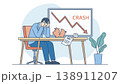 Business failure and economic crisis concept. Stressed businessman despair due to money loss and bankruptcy sitting at desk with broken piggy bank, debt paper and financial falling crash graph. Vector 138911207
