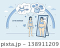 Mental health concept: woman struggling with eating disorder. Anorexia and bulimia metaphor with mirror reflection, anxiety and calorie obsession. Body image and mental guilt flat vector illustration 138911209