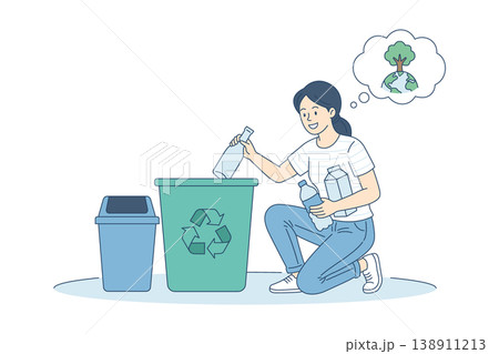 Young woman sorting garbage for recycling. Concept of zero waste lifestyle, environmental sustainability and saving the Earth. Girl putting bottles in recycle container. Flat vector for eco projects 138911213