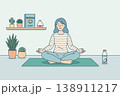 Young woman meditating in lotus pose on yoga mat at home. Mindfulness, mental health and wellness concept. Calm female character practicing yoga with aromatherapy and plants. Flat vector illustration 138911217