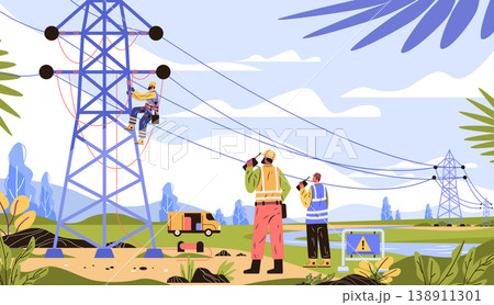 Electrical line workers power transmission maintenance teamwork utility tower safety gear outdoor landscape equipment repair service Electrical line workers power transmission maintenance teamwork utility tower safety gear outdoor landscape equipment repair service 138911301