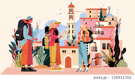 Backpackers exploring city map historic architecture street plants urban landscape colorful buildings travel concept modern flat design Backpackers exploring city map historic architecture street plants urban landscape colorful buildings travel concept modern flat design 138911302