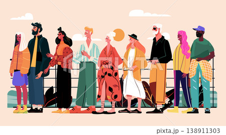 Group of diverse people outdoor travel tourism standing together colorful clothing casual style sunny background modern flat design Group of diverse people outdoor travel tourism standing together colorful clothing casual style sunny background modern flat design 138911303