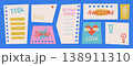 Trendy girly sticky note templates set. Cute cartoon hand drawn paper scraps with words task, swag, awesome and love. Colorful vector planner dashboard for digital journals and social media posts. 138911310
