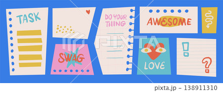 Trendy girly sticky note templates set. Cute cartoon hand drawn paper scraps with words task, swag, awesome and love. Colorful vector planner dashboard for digital journals and social media posts. 138911310