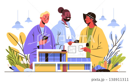 Architects teamwork building design modern construction project people discussing blueprint plans model house plants lamps creative workspace Architects teamwork building design modern construction project people discussing blueprint plans model house plants lamps creative workspace 138911311