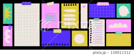 Colorful sticky notes bulletin board in doodle girly style. Fun cartoon hand drawn planner dashboard with grids, lists and empty memos. Vector template for digital planner, collage and scrapbooking. Colorful sticky notes bulletin board in doodle girly style. Fun cartoon hand drawn planner dashboard with grids, lists and empty memos. Vector template for digital planner, collage and scrapbooking. 138911312