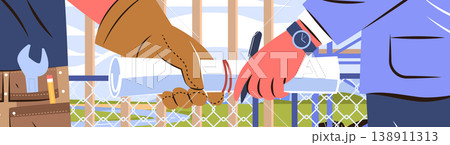 Construction teamwork collaboration blueprint exchange builder and architect hands passing rolled plans at job site fence background tool belt watch flat design Construction teamwork collaboration blueprint exchange builder and architect hands passing rolled plans at job site fence background tool belt watch flat design 138911313