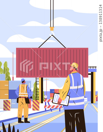 Dock workers loading shipping container teamwork logistics supervision clipboard crane industrial port background bright colors flat design 138911314
