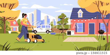 Woman mowing lawn backyard landscaping service suburban house trees van equipment modern cityscape outdoor scene Woman mowing lawn backyard landscaping service suburban house trees van equipment modern cityscape outdoor scene 138911315