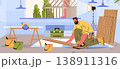 Carpenter measuring wood construction site tools building materials workshop interior modern workspace 138911316