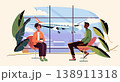 Airport waiting lounge travelers airplane window view people sitting modern chairs plants blue sky cityscape 138911318