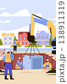 Construction workers heavy machinery teamwork building site crane lifting concrete block residential neighborhood colorful houses safety gear 138911319
