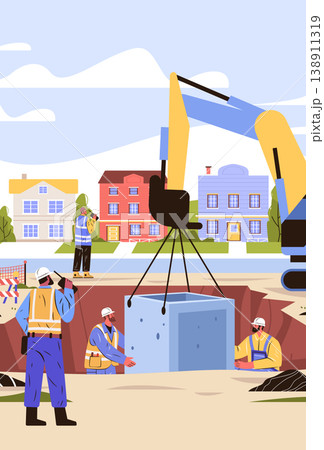 Construction workers heavy machinery teamwork building site crane lifting concrete block residential neighborhood colorful houses safety gear Construction workers heavy machinery teamwork building site crane lifting concrete block residential neighborhood colorful houses safety gear 138911319