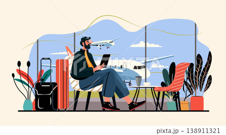 Man at airport lounge waiting for flight modern travel concept luggage airplanes window seating plants digital device coffee table 138911321