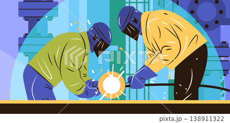 Welders industrial teamwork factory workers welding metal sparks protective gear machinery background flat design Welders industrial teamwork factory workers welding metal sparks protective gear machinery background flat design 138911322