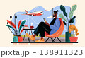 Airport waiting lounge man using smartphone airplane window plants coffee books colorful modern interior flat design 138911323