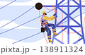Electrical lineworker climbing transmission tower safety harness blue sky geometric structure professional occupation energy industry 138911324