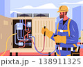 HVAC technician repair maintenance rooftop air conditioning unit worker wearing safety gear holding tools colorful urban background 138911325