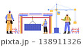 Construction workers teamwork building site crane lifting container safety vests helmets modern architecture flat design white background 138911326