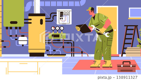 Heating technician maintenance service worker repairing boiler system pipes gauges equipment tools indoor workspace Heating technician maintenance service worker repairing boiler system pipes gauges equipment tools indoor workspace 138911327