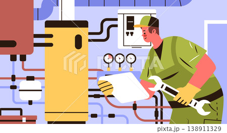 Plumber technician repair service industrial boiler maintenance worker holding wrench inspecting pipes gauges mechanical equipment modern interior Plumber technician repair service industrial boiler maintenance worker holding wrench inspecting pipes gauges mechanical equipment modern interior 138911329