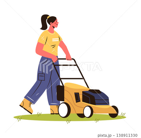 Woman mowing lawn outdoor gardening activity grass field modern flat style isolated white background Woman mowing lawn outdoor gardening activity grass field modern flat style isolated white background 138911330