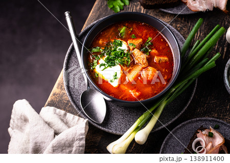 Traditional Ukrainian borsch with sour cream Traditional Ukrainian borsch with sour cream 138911400