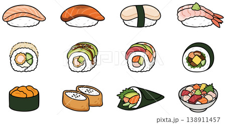 Sushi set icons: nigiri, maki rolls, gunkan, inari and chirashi bowl. Vector illustration. Sushi set icons: nigiri, maki rolls, gunkan, inari and chirashi bowl. Vector illustration. 138911457