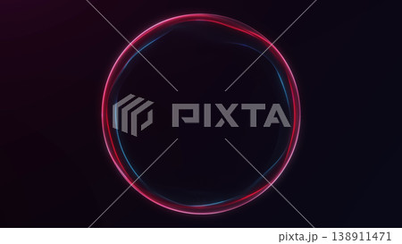 Red blue neon ring on dark background with glowing circular contour, futuristic technology frame and abstract energy aura. 138911471