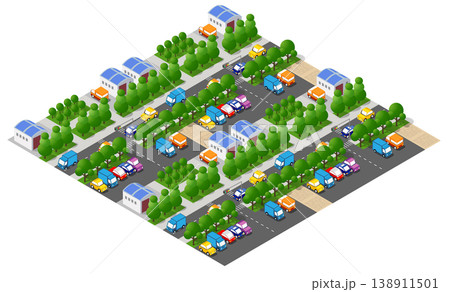 Isometric city with cars parked and driving on streets Isometric city with cars parked and driving on streets 138911501