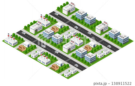 Isometric city with factories producing goods and cars driving on the road Isometric city with factories producing goods and cars driving on the road 138911522